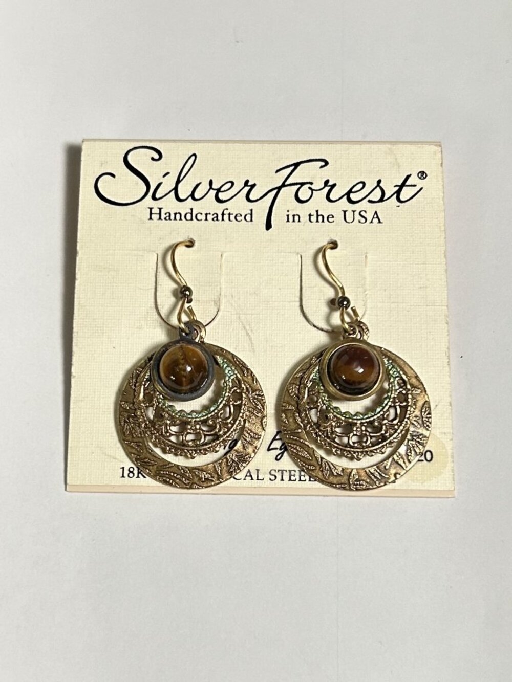 Silver Forest Tiger's Eye Filigree Drop Earrings Brass Gold Tone NWT